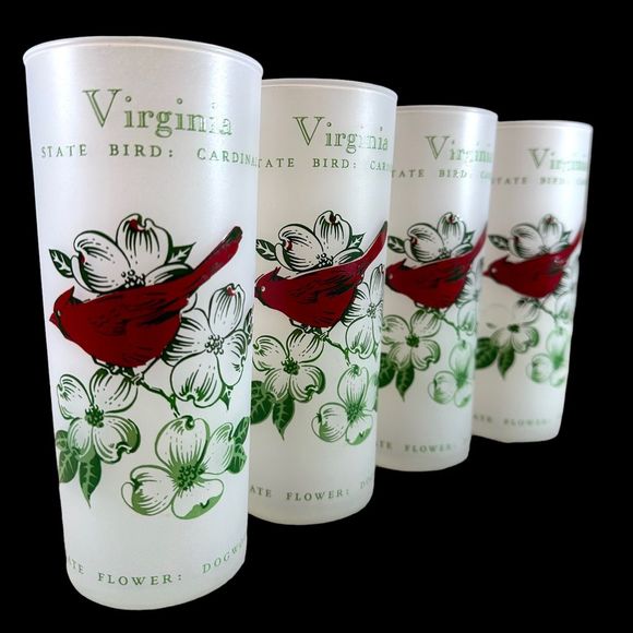 Vintage Anchor Hocking Virginia State Bird and Flower Frosted Glasses, Set of 4 - Picture 3 of 11